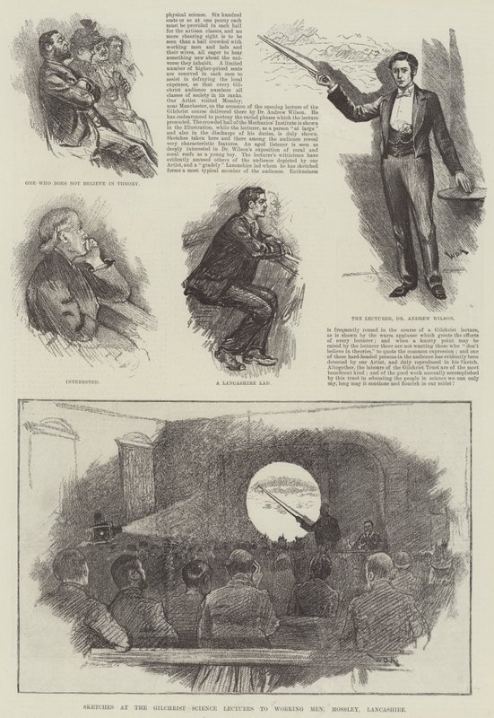 Schetsen bij de Gilchrist Science Lectures voor arbeiders, Mossley, Lancashire door William Douglas Almond