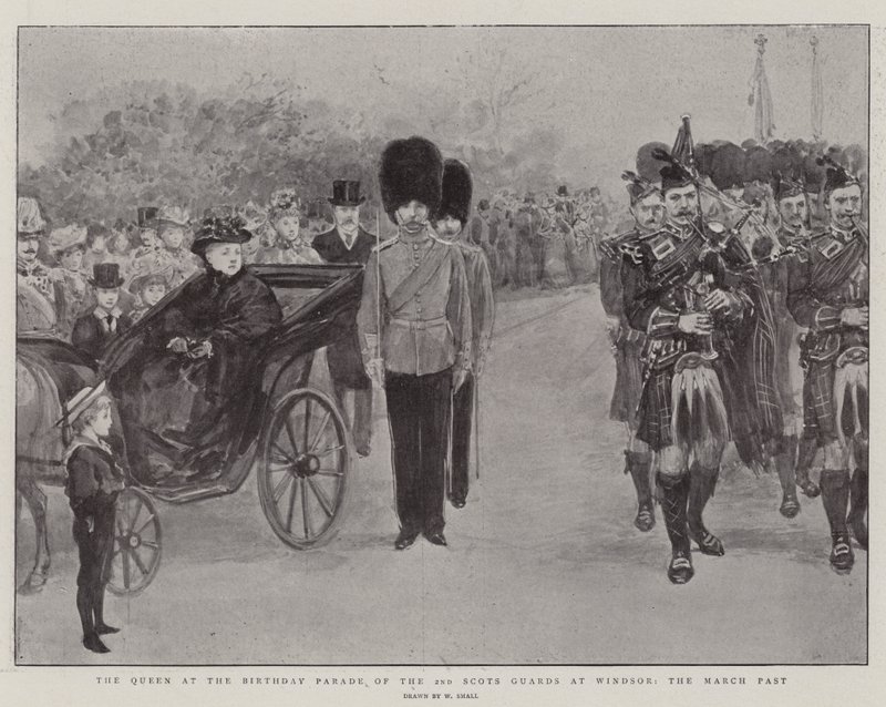 De Koningin bij de Verjaardagsparade van de 2e Scots Guards in Windsor, de Mars door William Small