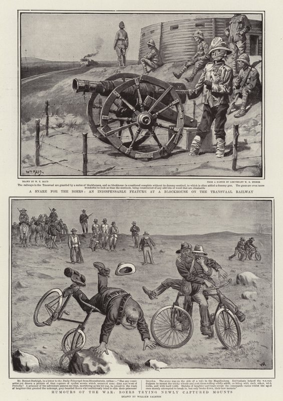 Een Val voor de Boeren, een Onmisbaar Kenmerk bij een Blokhuis op de Transvaal Spoorweg, Humor van de Oorlog, Boeren die pas veroverde Paarden proberen door William T. Maud