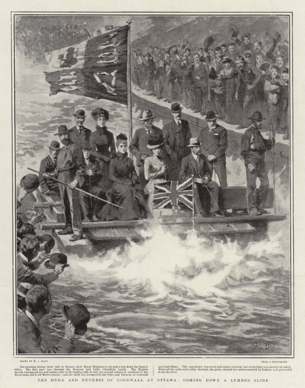 De Hertog en Hertogin van Cornwall in Ottawa, afdalend een Houtglijbaan door William T. Maud