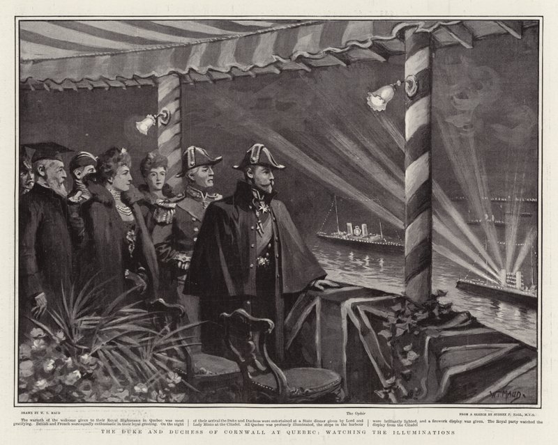 De Hertog en Hertogin van Cornwall in Quebec, kijkend naar de Verlichtingen door William T. Maud
