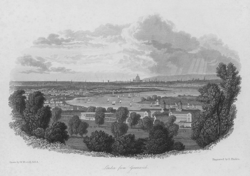 Londen vanuit Greenwich (gravure) door William (after) Westall