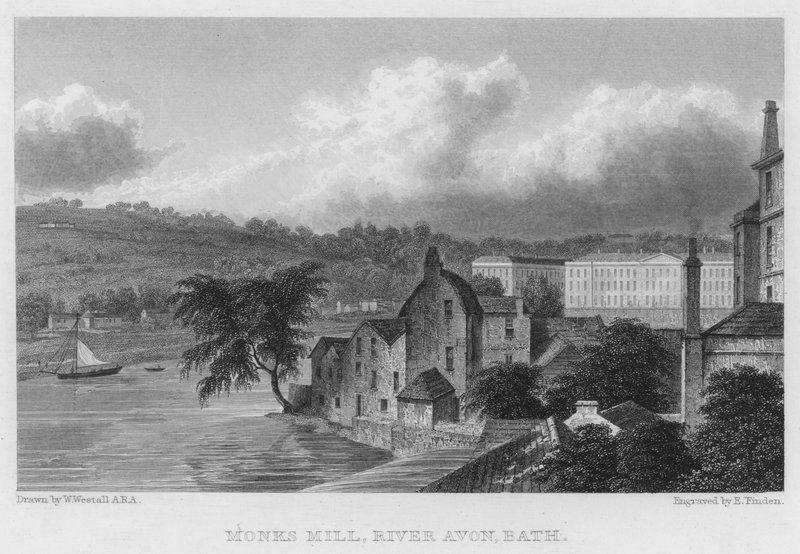 Monks Mill, River Avon, Bath (gravure) door William (after) Westall