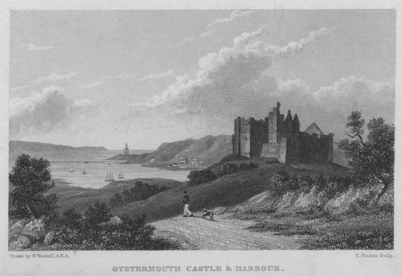 Oystermouth Castle en haven door William (after) Westall