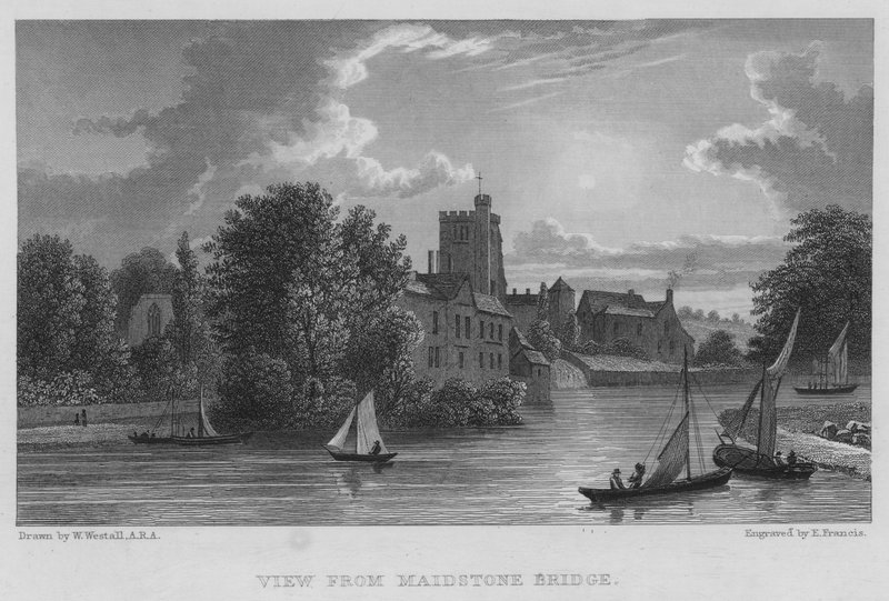 Uitzicht vanaf Maidstone Bridge (gravure) door William (after) Westall