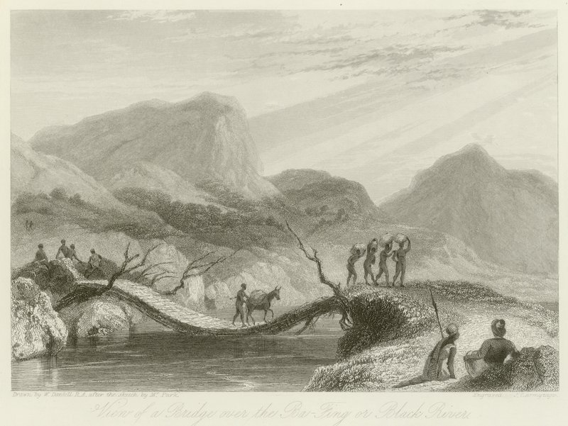 Uitzicht op een brug over de Ba-Fing door William Daniell