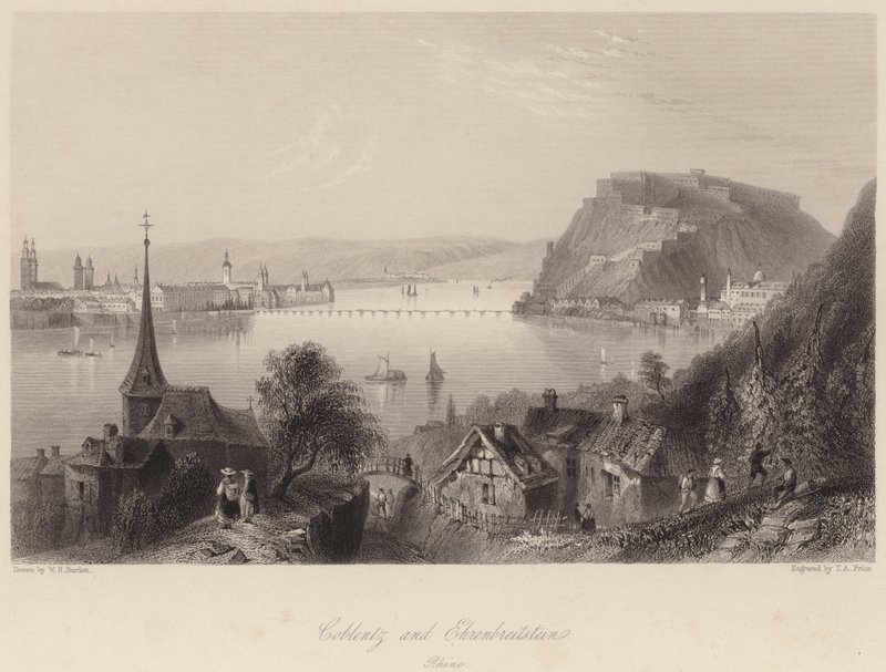 Coblentz en Ehrenbreitstein (gravure) door William Henry (after) Bartlett
