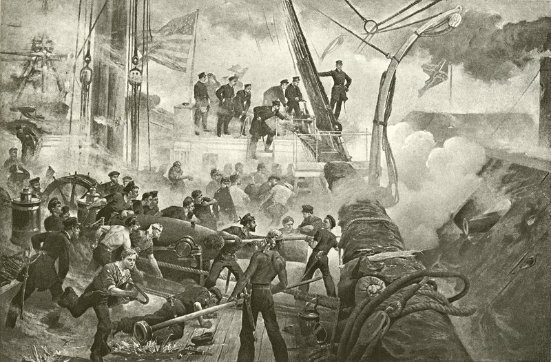 Farragut bij Mobile Bay (gravure) door William Heysham Overend