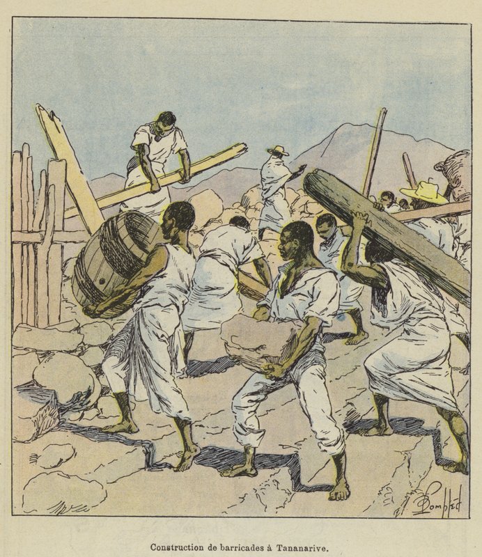 Bouw van barricades in Tananarive door after Louis Charles Bombled