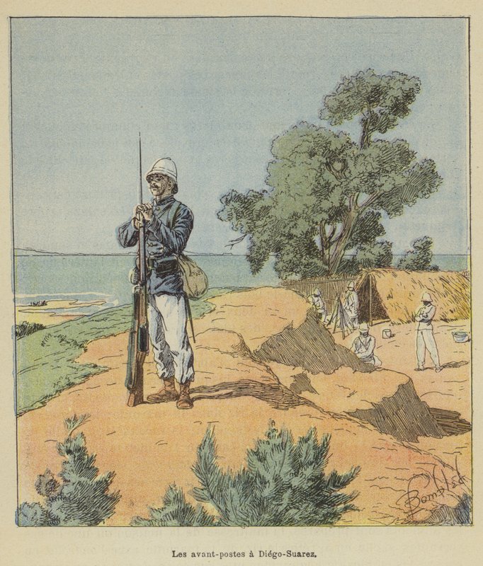 De voorposten in Diego-Suarez door after Louis Charles Bombled