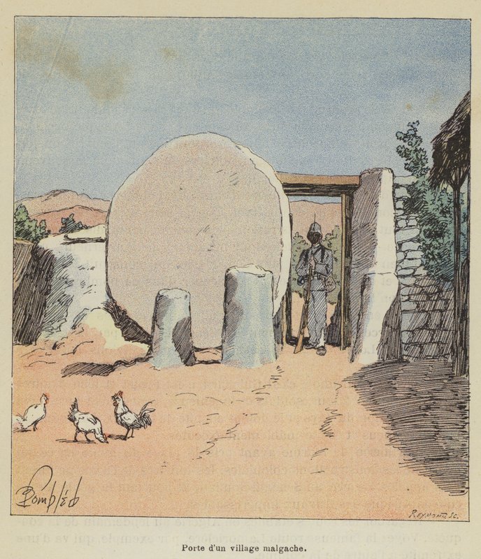 Poort van een Malagassisch dorp door after Louis Charles Bombled
