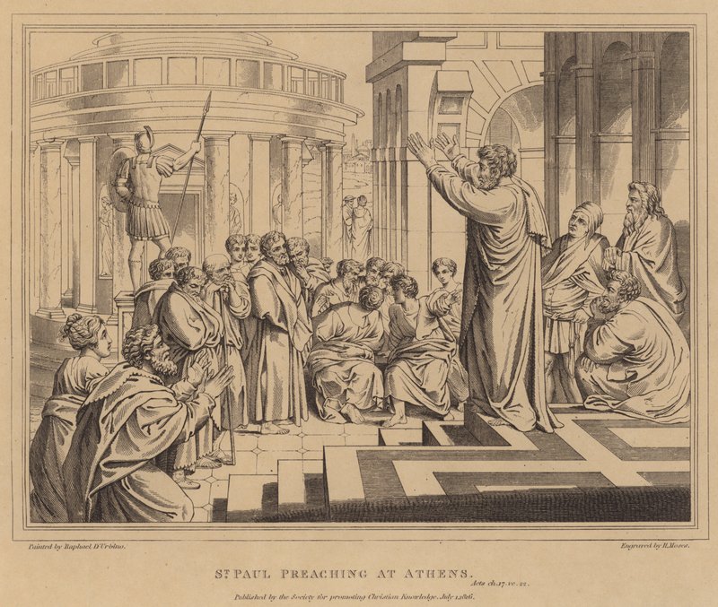St. Paulus predikt in Athene, Handelingen door after Raphael